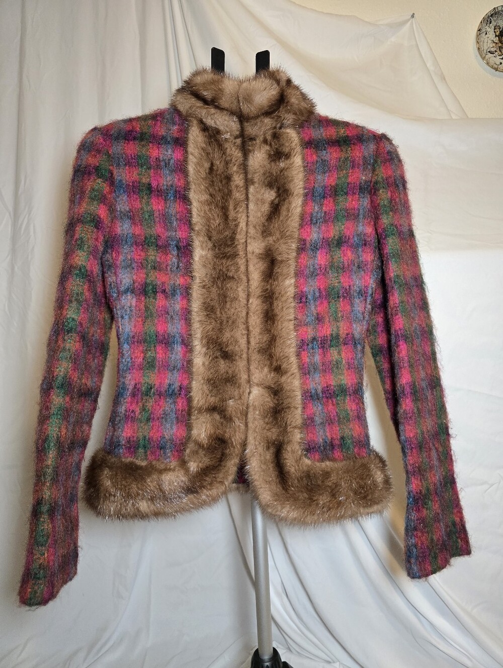 Vintage Pink Plaid Wool Jacket with Fur Trim & Matching Skirt